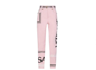 Pre-owned Versace Women's Pink High-rise Logo Graphic Denim Pants Sz 26