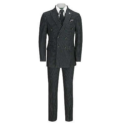 Mens 3 Piece Black Pinstripe Suit Double Breasted 1920s Blinders Peak Lapel