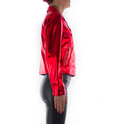Pre-owned Handmade Italian  Women Genuine Lamb Leather Biker Jacket Metallic Red