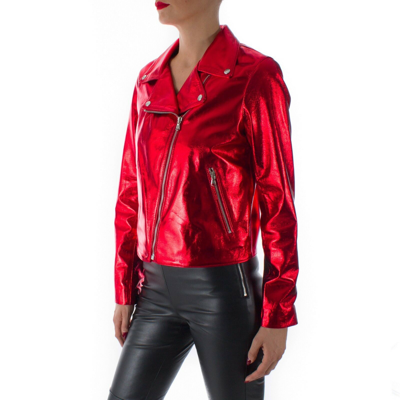 Pre-owned Handmade Italian  Women Genuine Lamb Leather Biker Jacket Metallic Red