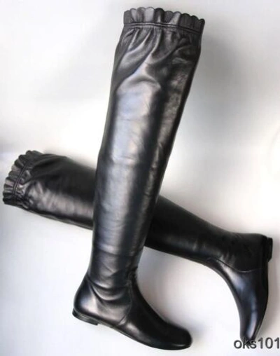 Pre-owned Marc By Marc Jacobs Marc Jacobs Black Leather Boots Tall Over-the-knee Ruffle On Top Flat In Box