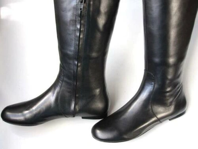 Pre-owned Marc By Marc Jacobs Marc Jacobs Black Leather Boots Tall Over-the-knee Ruffle On Top Flat In Box