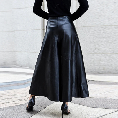 Pre-owned Handmade Women Genuine Lambskin Leather Pant Beautiful Sweatpants Wide Leg Pant Wp-014 In Black