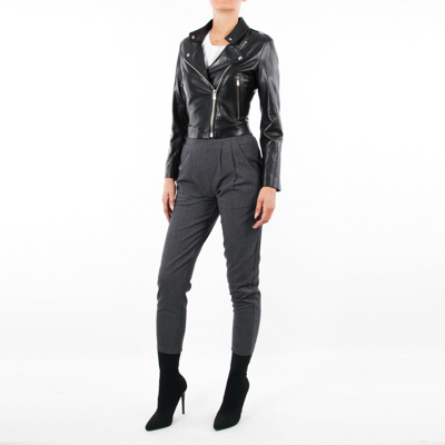Pre-owned Handmade Italian  Women Genuine Leather Biker Cropped Jacket Black