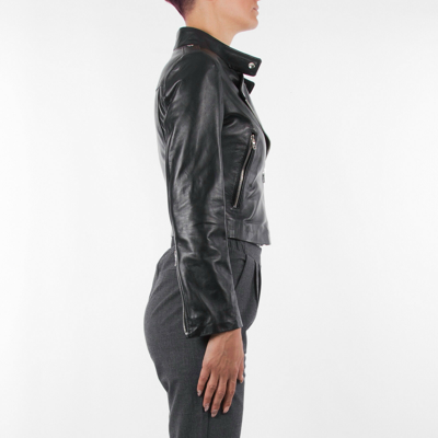 Pre-owned Handmade Italian  Women Genuine Leather Biker Cropped Jacket Black