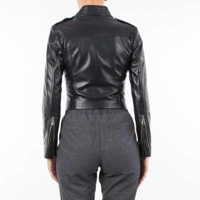 Pre-owned Handmade Italian  Women Genuine Leather Biker Cropped Jacket Black