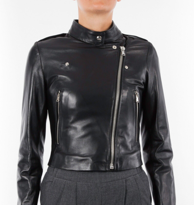 Pre-owned Handmade Italian  Women Genuine Leather Biker Cropped Jacket Black