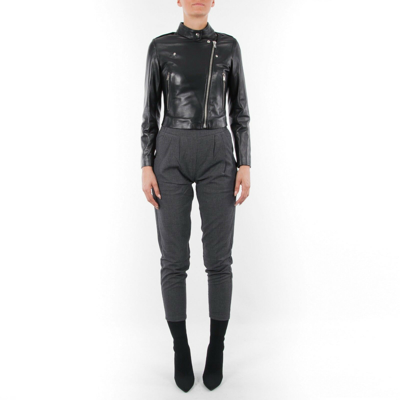 Pre-owned Handmade Italian  Women Genuine Leather Biker Cropped Jacket Black