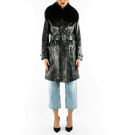 Pre-owned Handmade Italian  Women Genuine Leather Trench Coat Patent Black Fur Collar