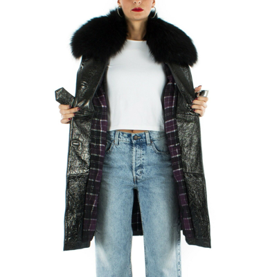 Pre-owned Handmade Italian  Women Genuine Leather Trench Coat Patent Black Fur Collar
