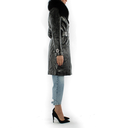 Pre-owned Handmade Italian  Women Genuine Leather Trench Coat Patent Black Fur Collar