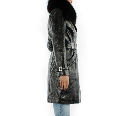 Pre-owned Handmade Italian  Women Genuine Leather Trench Coat Patent Black Fur Collar