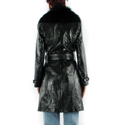 Pre-owned Handmade Italian  Women Genuine Leather Trench Coat Patent Black Fur Collar