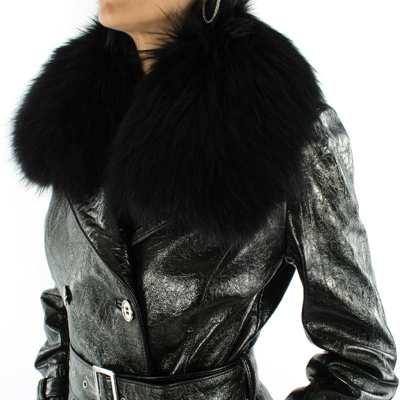 Pre-owned Handmade Italian  Women Genuine Leather Trench Coat Patent Black Fur Collar