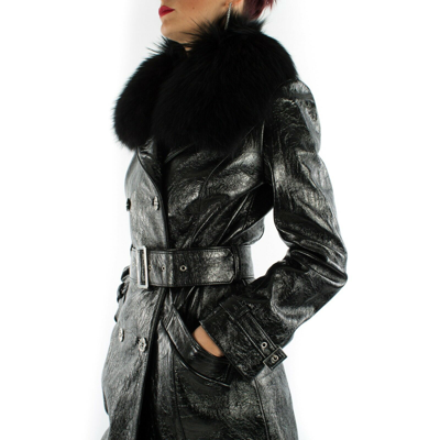 Pre-owned Handmade Italian  Women Genuine Leather Trench Coat Patent Black Fur Collar