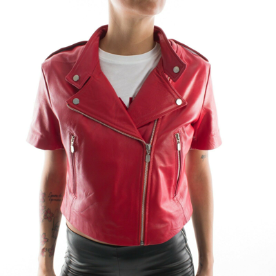 Pre-owned Handmade Italian  Women Genuine Lamb Leather Biker Jacket Red Short Sleeves