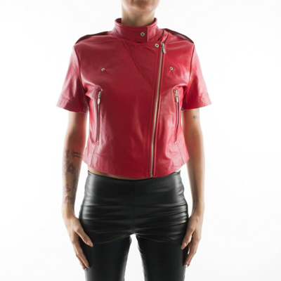 Pre-owned Handmade Italian  Women Genuine Lamb Leather Biker Jacket Red Short Sleeves