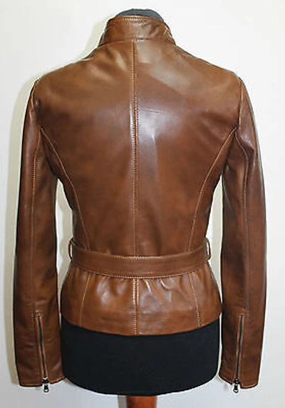 Pre-owned Handmade Italian  Women Leather Biker Jacket Slim Fit Brown Distressed S In Cuoio Brown