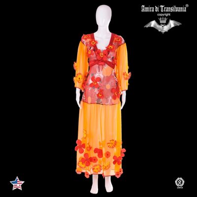 Pre-owned Haute Couture Women Clothing Summer Dress  Orange Red Flowers Embroidered Sequins