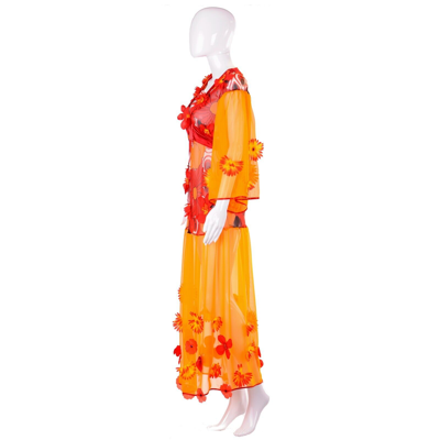 Pre-owned Haute Couture Women Clothing Summer Dress  Orange Red Flowers Embroidered Sequins