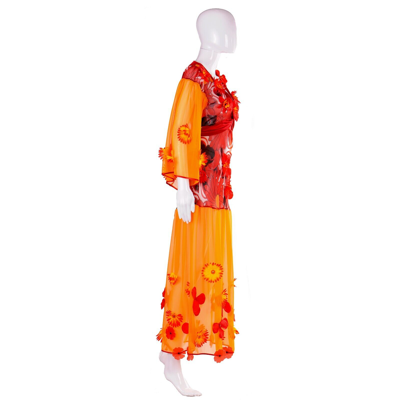 Pre-owned Haute Couture Women Clothing Summer Dress  Orange Red Flowers Embroidered Sequins