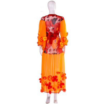 Pre-owned Haute Couture Women Clothing Summer Dress  Orange Red Flowers Embroidered Sequins