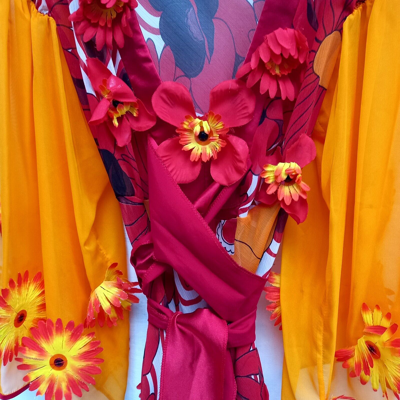 Pre-owned Haute Couture Women Clothing Summer Dress  Orange Red Flowers Embroidered Sequins