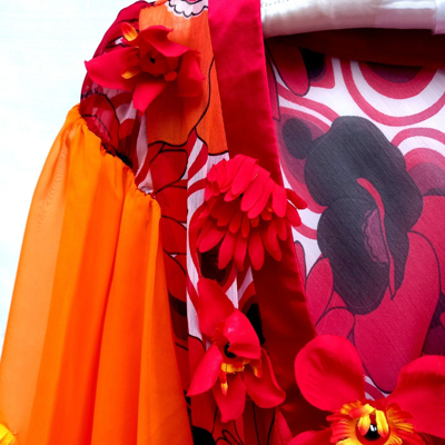 Pre-owned Haute Couture Women Clothing Summer Dress  Orange Red Flowers Embroidered Sequins