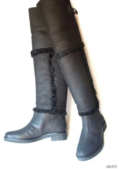 Pre-owned Diane Von Furstenberg Black All Shearling Otk Tall Boots 'adele' $675