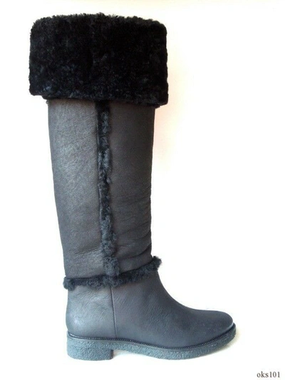 Pre-owned Diane Von Furstenberg Black All Shearling Otk Tall Boots 'adele' $675