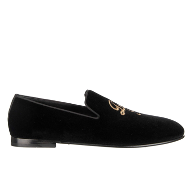 Pre-owned Dolce & Gabbana Velvet Loafer Shoes Amalfi With Logo Embroidery Black Gold 11048