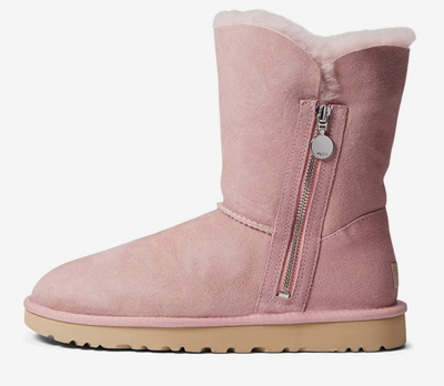Pre-owned Ugg Bailey Flat Zip Short Boots Shell Pink Twinface Sheepskin Genuine Fur Sz 11