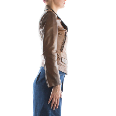 Pre-owned Handmade Italian  Women Lambskin Leather Biker Jacket Tan Brown Distressed