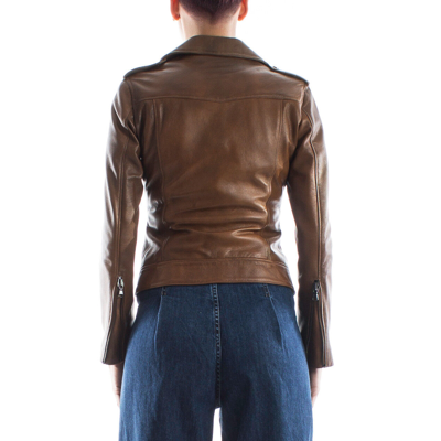 Pre-owned Handmade Italian  Women Lambskin Leather Biker Jacket Tan Brown Distressed