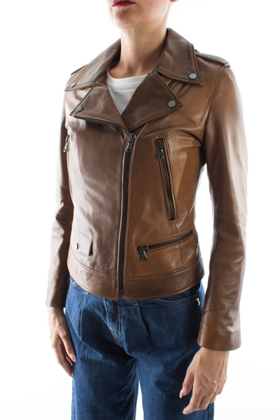 Pre-owned Handmade Italian  Women Lambskin Leather Biker Jacket Tan Brown Distressed