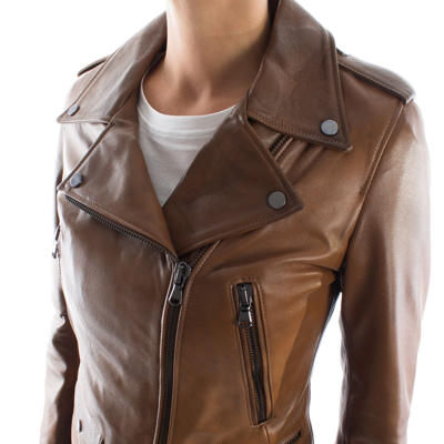 Pre-owned Handmade Italian  Women Lambskin Leather Biker Jacket Tan Brown Distressed