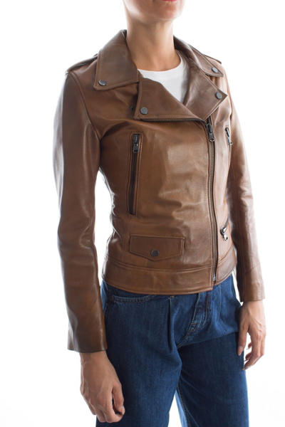 Pre-owned Handmade Italian  Women Lambskin Leather Biker Jacket Tan Brown Distressed