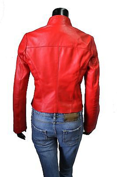 Pre-owned Handmade Italian  Women Lambskin Leather Jacket Slim Fit Asymmetric Red Size Xl
