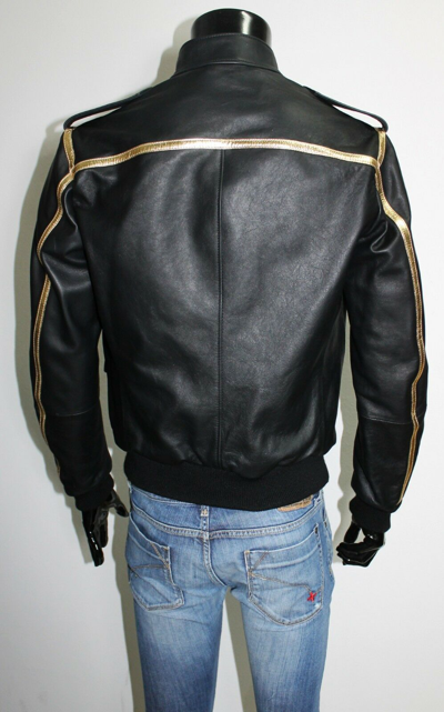 Pre-owned Handmade Italian Men Genuine Lamb Leather Bomber  Jacket Black & Gold S To 2xl
