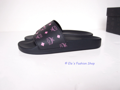 Pre-owned Mcm Splash Logo Slide Black Pumeria Pink Eu 38 Us 7 7.5 Authentic