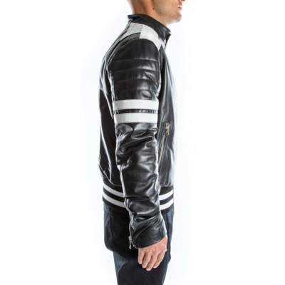 Pre-owned Handmade Black & White Italian  Men Genuine Lamb Leather Bomber Jacket S To 2xl