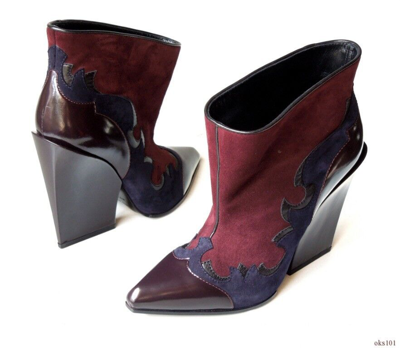 Pre-owned Sergio Rossi Burgundy Navy 38.5 Us 7.5 Western Wedge Ankle Boots - $1125