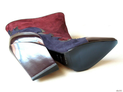 Pre-owned Sergio Rossi Burgundy Navy 38.5 Us 7.5 Western Wedge Ankle Boots - $1125