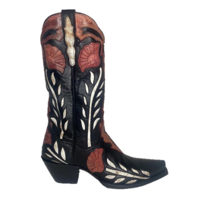Pre-owned Dan Post ® Ladies Alyssia Distressed Floral Black Snip Toe Boots Dp4350