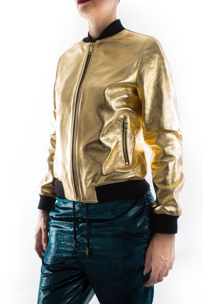 Pre-owned Handmade Italian  Women Genuine Lamb Leather Bomber Jacket Metallic Gold