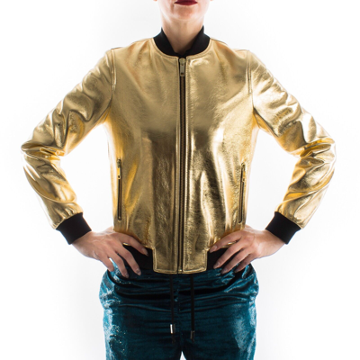 Pre-owned Handmade Italian  Women Genuine Lamb Leather Bomber Jacket Metallic Gold
