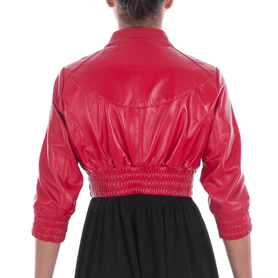 Pre-owned Handmade Italian  Women Genuine Leather Cropped Bomber Jacket Beautiful Red