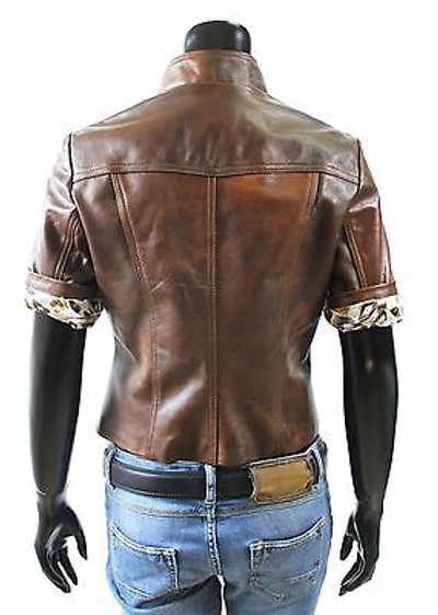 Pre-owned Handmade Italian  Women Leather Biker Jacket Short Sleeves Brown Distressed S