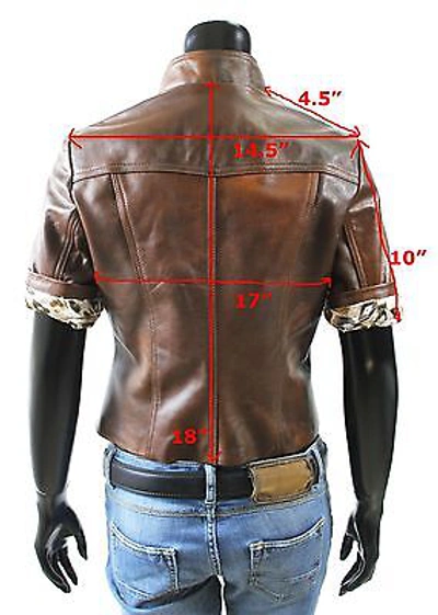 Pre-owned Handmade Italian  Women Leather Biker Jacket Short Sleeves Brown Distressed S