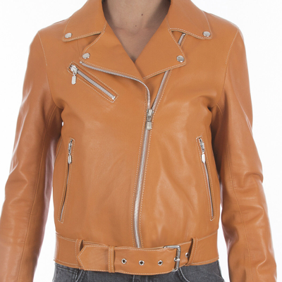 Pre-owned Handmade Italian  Women Genuine Lamb Leather Biker Jacket Tan In Brown